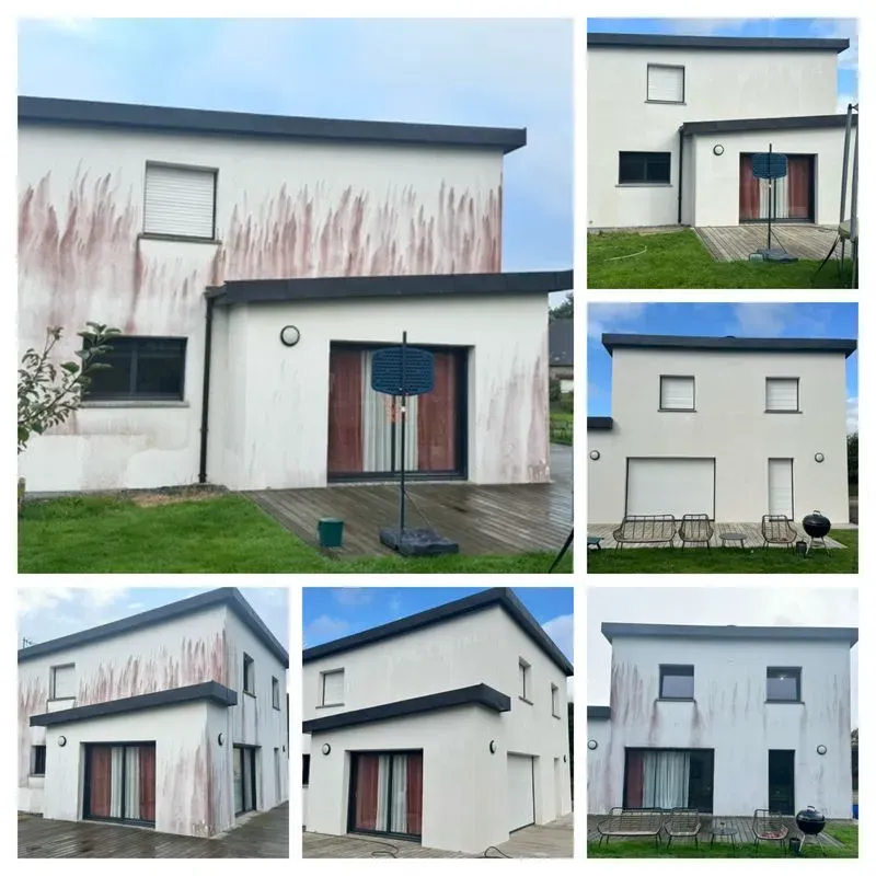 Plusieurs photos montrant une façade sale puis nettoyée